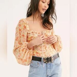 Free People Women's Mabel Lace up Blouse Yellow orange S